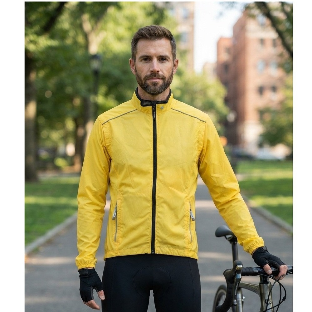 Canari Cycling Windbreaker Jacket Mens Medium Yellow Reflective Vented Full Zip
